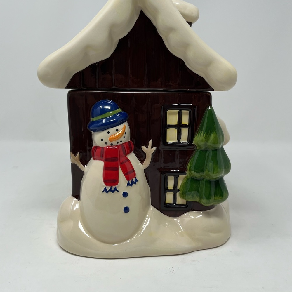 SCM Designs Snow Covered House Ceramic Cookie Jar with snowman tree clean GHA3..